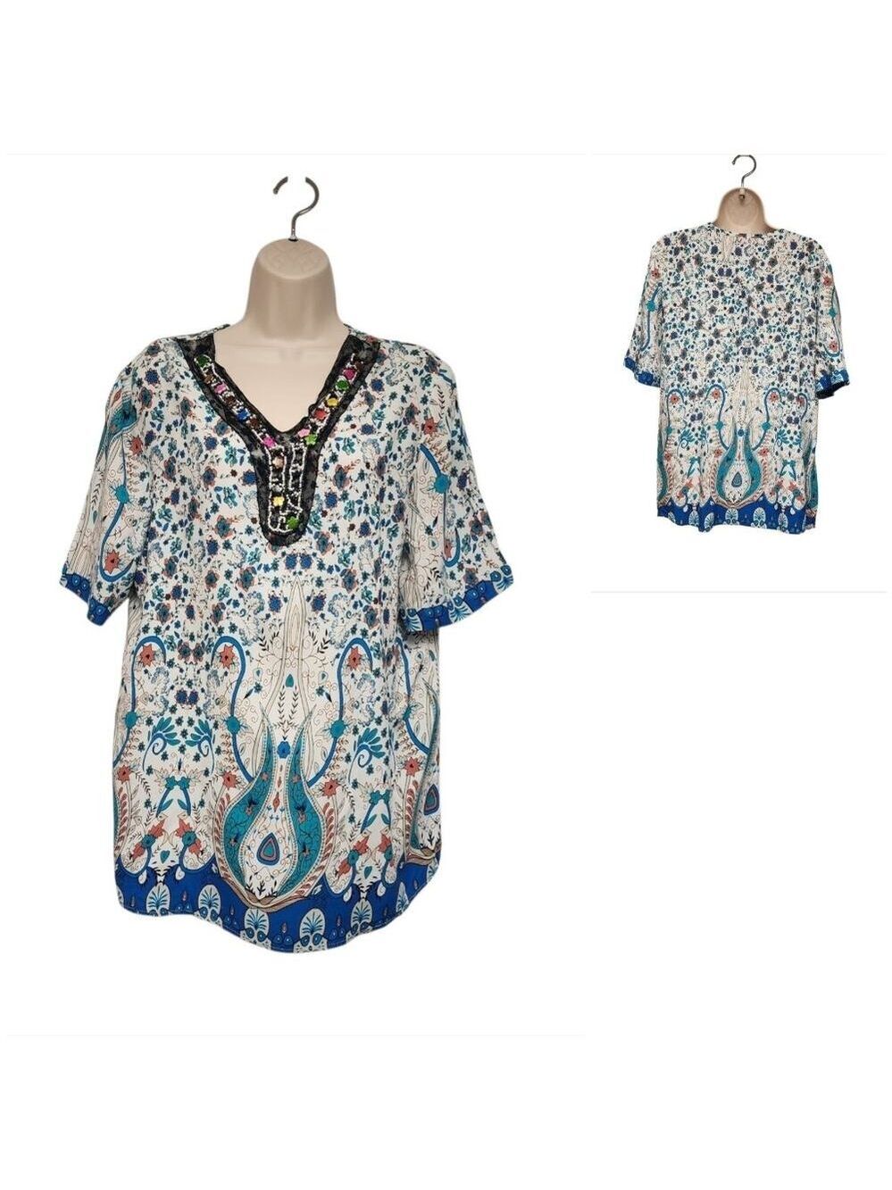 UNIVERSAL FASHION WOMEN EMEBELISHED V-NECK PAISLEY FLORAL MULT-WHITE BLOUSE XXXL